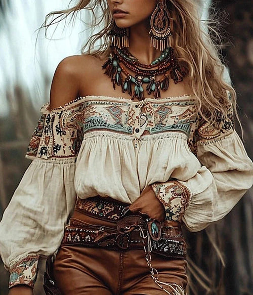 Women's Western Blouse Boho Shirt Blouse Flower Modern Boho Long Sleeve Off Shoulder Regular Tops Daily Going out Print Apricot Summer