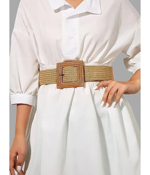 Women's Woven Straw Belt with Oversized Square Buckle – Boho Chic Style, Adjustable Fit for Casual or Beach Wear, Perfect for Spring and Summer Outfits