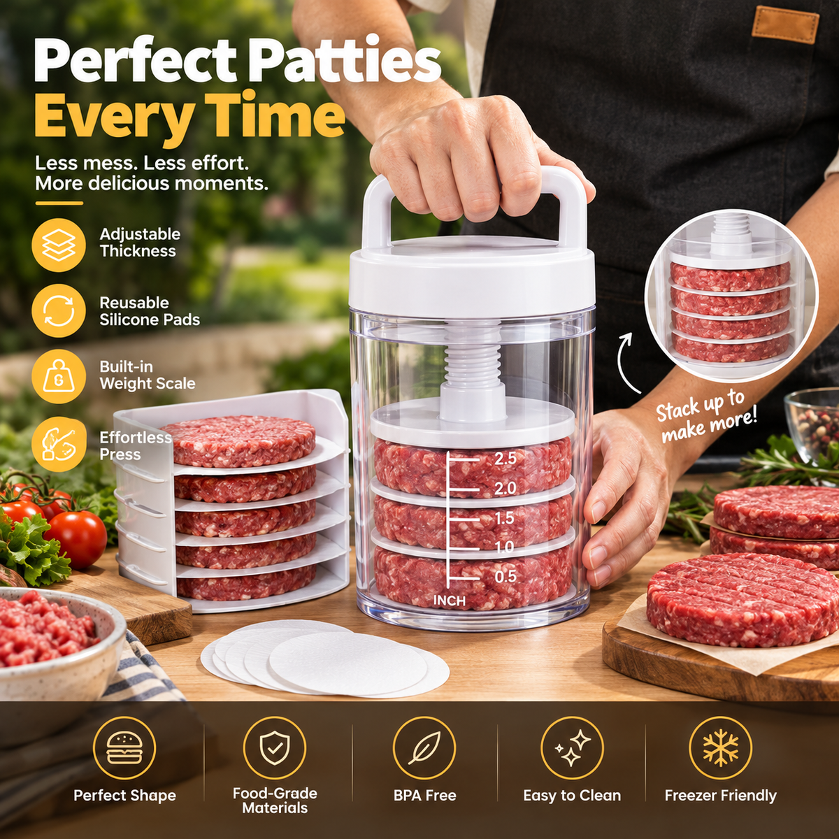Multi-Function Patty Press | One-Press Uniform Patties | 🏠 Home Burgers • 🏕️ Camping • 🔥 BBQ • 🥩 Meal Prep