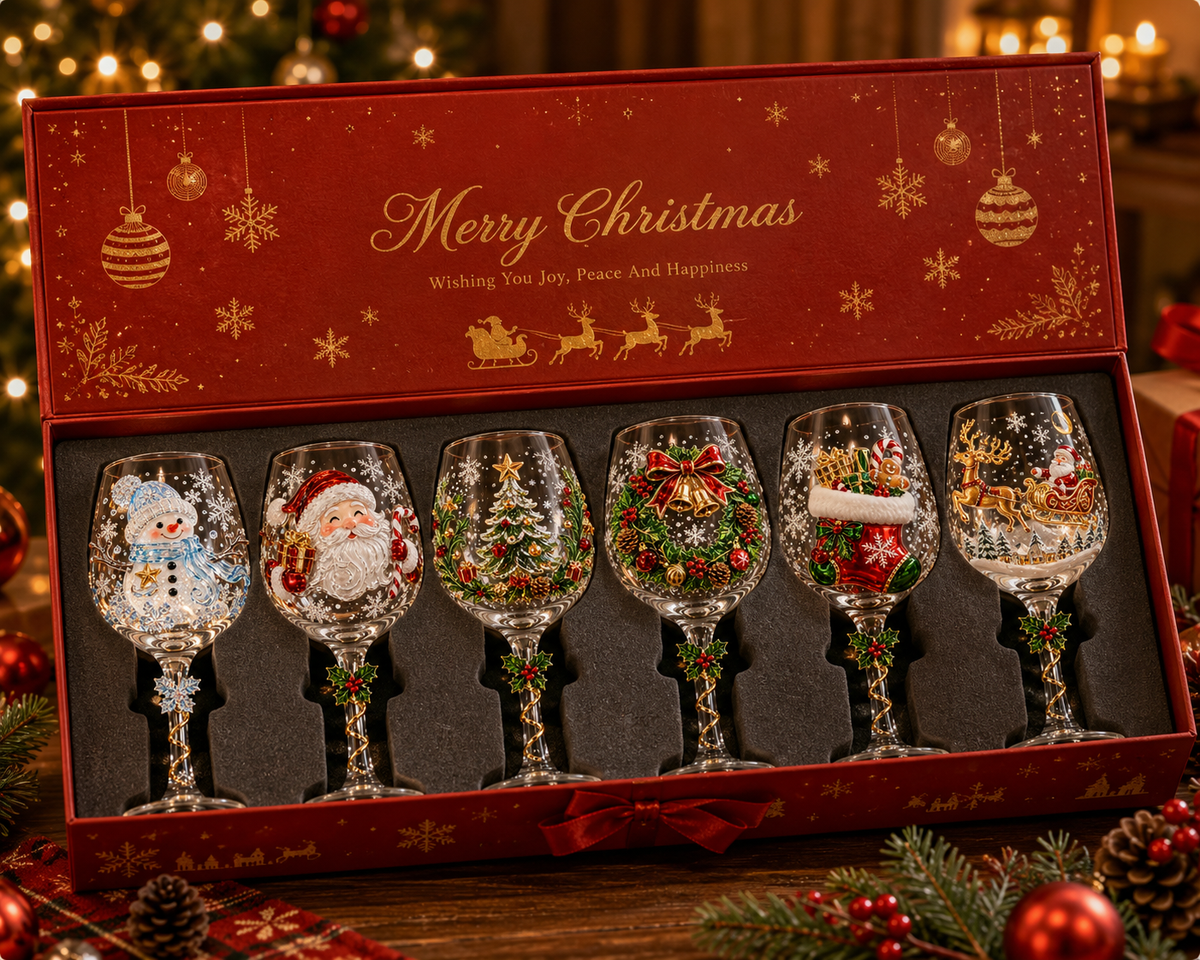 3D Christmas Wine Glass Gift Box Set - Handcrafted Festive Holiday Goblet with Embedded Miniature Figurine, Clear Crystal Red Wine Glass Gift for Wine Lovers, Women & Holiday Parties (6 Festive Styles)