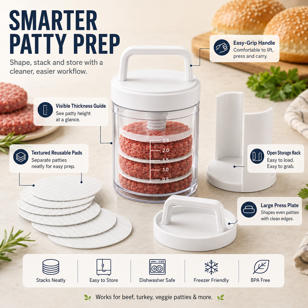 Multi-Function Patty Press | One-Press Uniform Patties | 🏠 Home Burgers • 🏕️ Camping • 🔥 BBQ • 🥩 Meal Prep