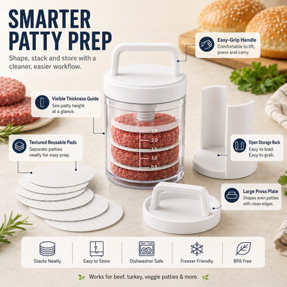 Multi-Function Patty Press | One-Press Uniform Patties | 🏠 Home Burgers • 🏕️ Camping • 🔥 BBQ • 🥩 Meal Prep